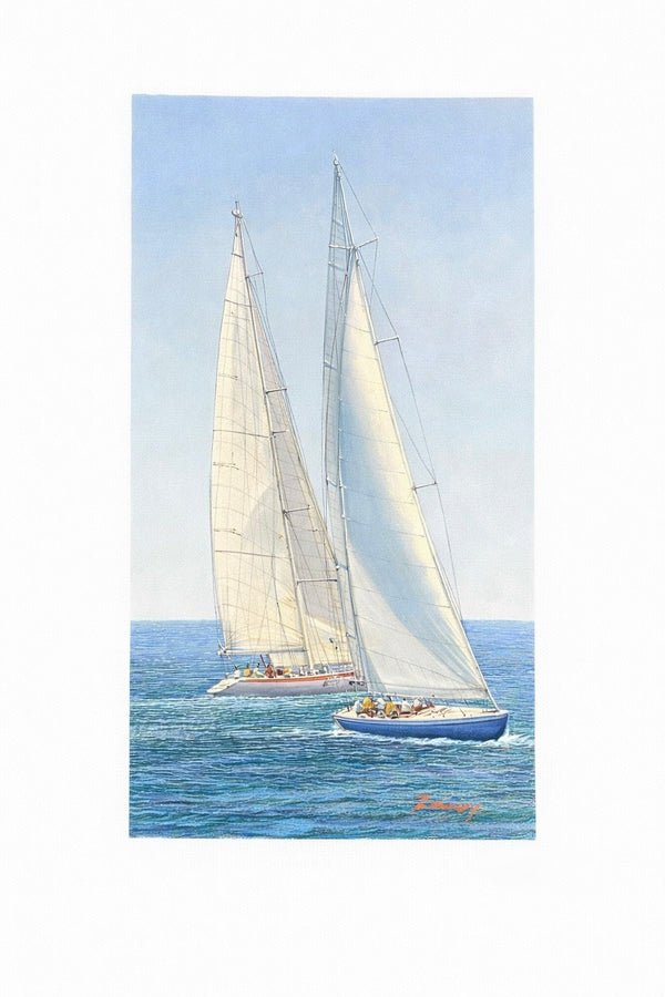 Sailboat Racing Nautical Yacht Scene  – Original vertical painting by Tailroy, unstretched (12.5" x 25")