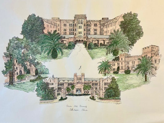 Florida State University (Tallahassee) Campus Print by Liz Bryant – Hand-Colored Architectural Illustration, 24” x 18”