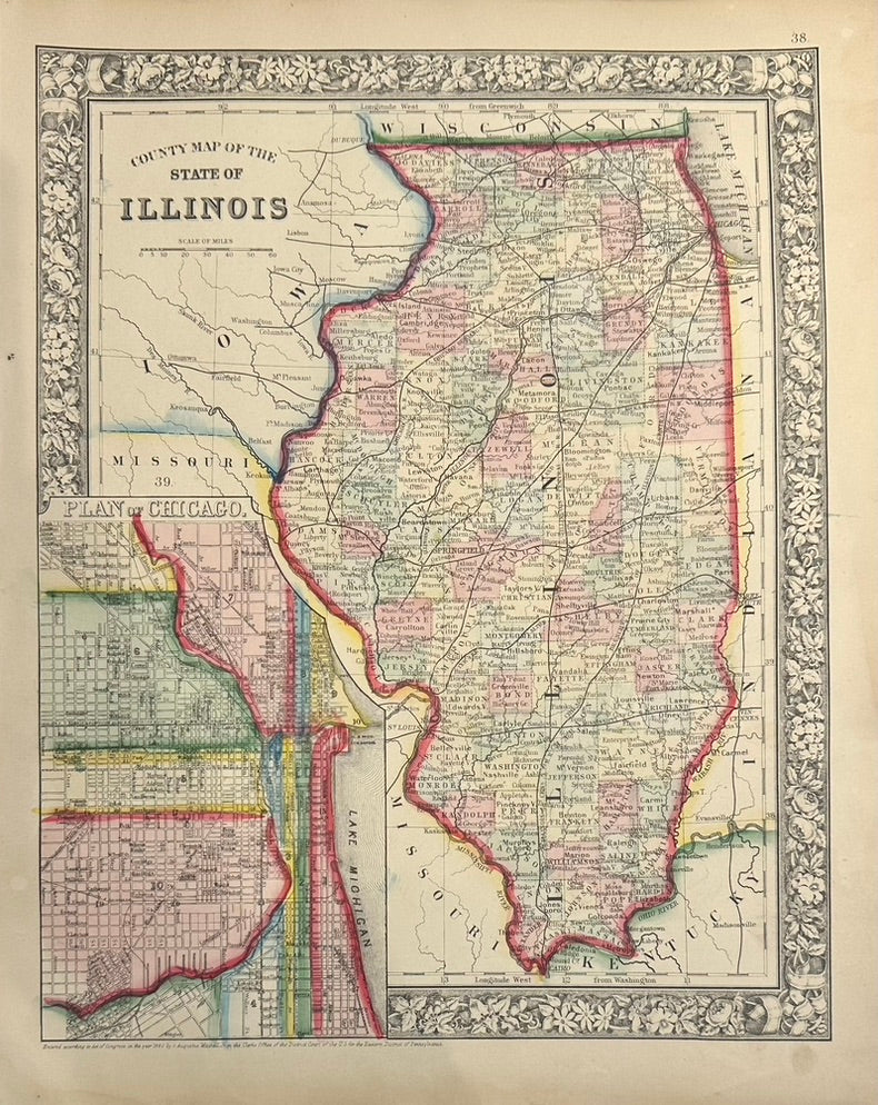 Map of Illinois with Plan of Chicago Inset by Samuel Mitchell, 1863