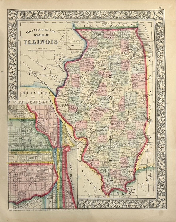 Map of Illinois with Plan of Chicago Inset by Samuel Mitchell, 1863