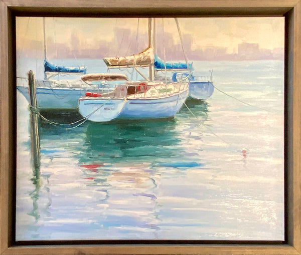 Sailboats in Harbor Oil Painting – Soft Impressionist Nautical Scene, Framed
