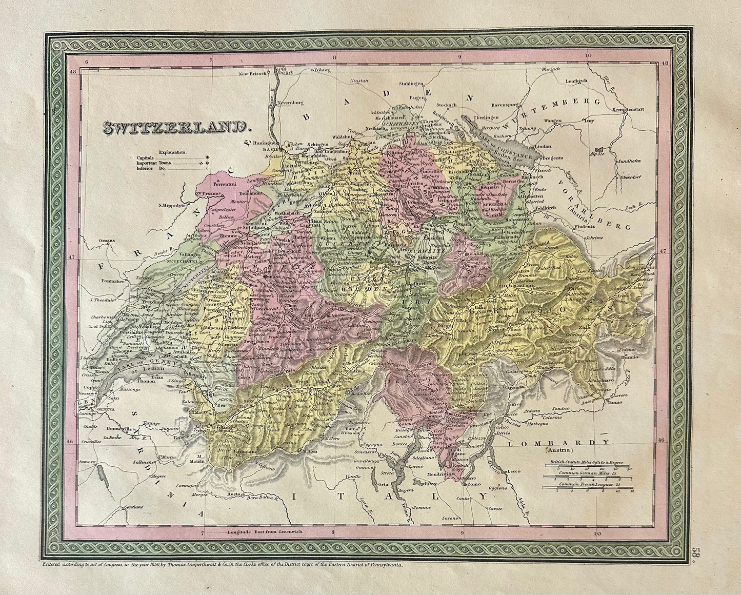 Switzerland Original Map by Mitchell, 1846