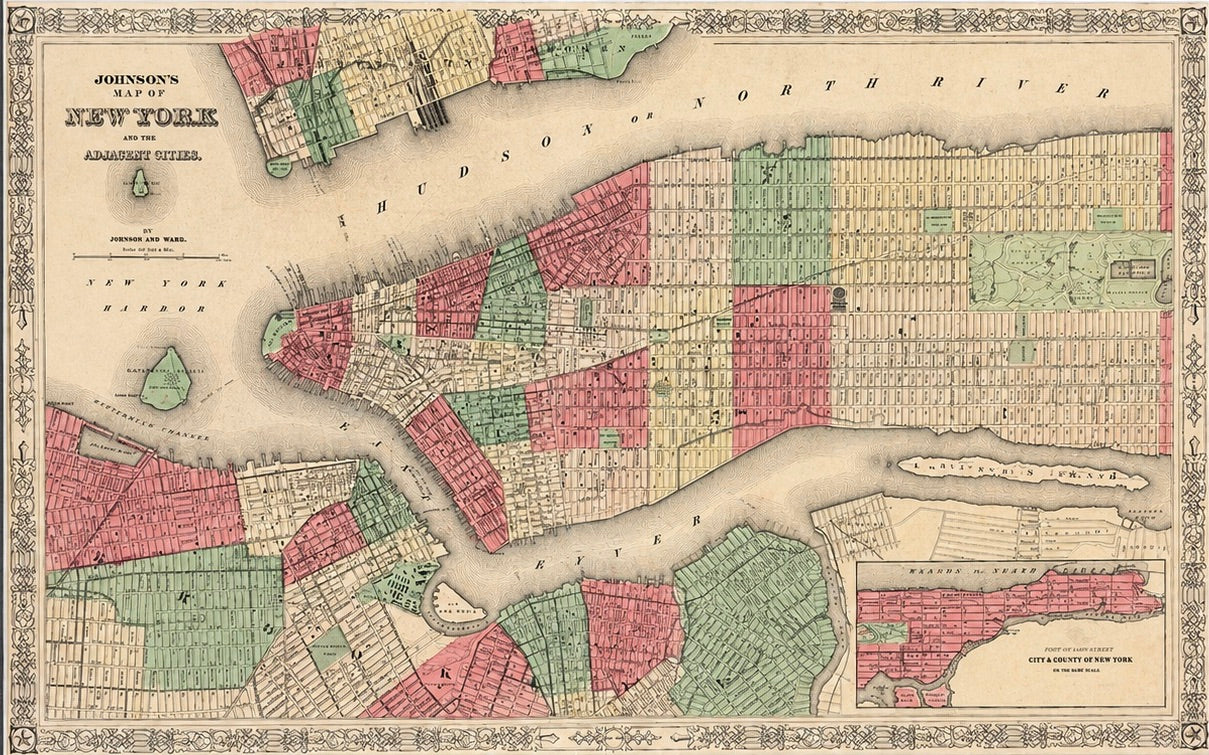 New York City Map by Johnson, Framed (Circa 1864)