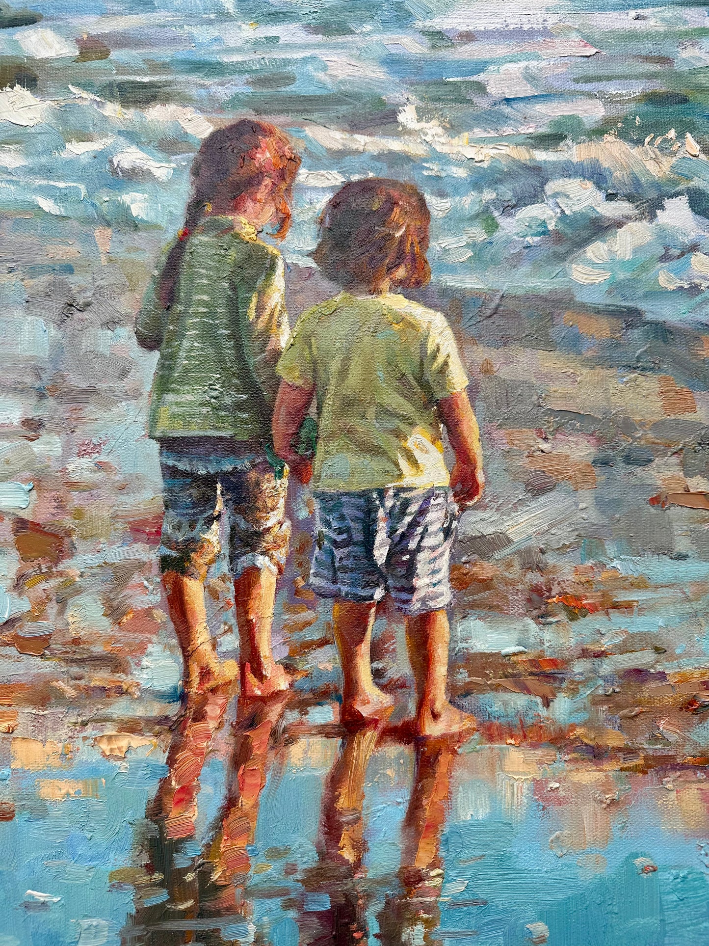 Children at the Seashore" Original Oil Painting - Contemporary Impressionist Beach Scene, unstretched
