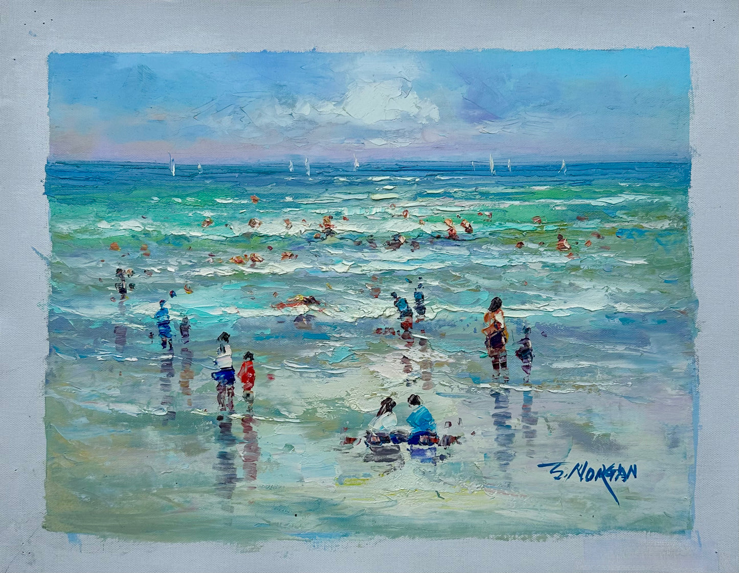 Modern Coastal Beach Seascape Sunset Oil Painting on Canvas, Unstretched, by J. Morgan