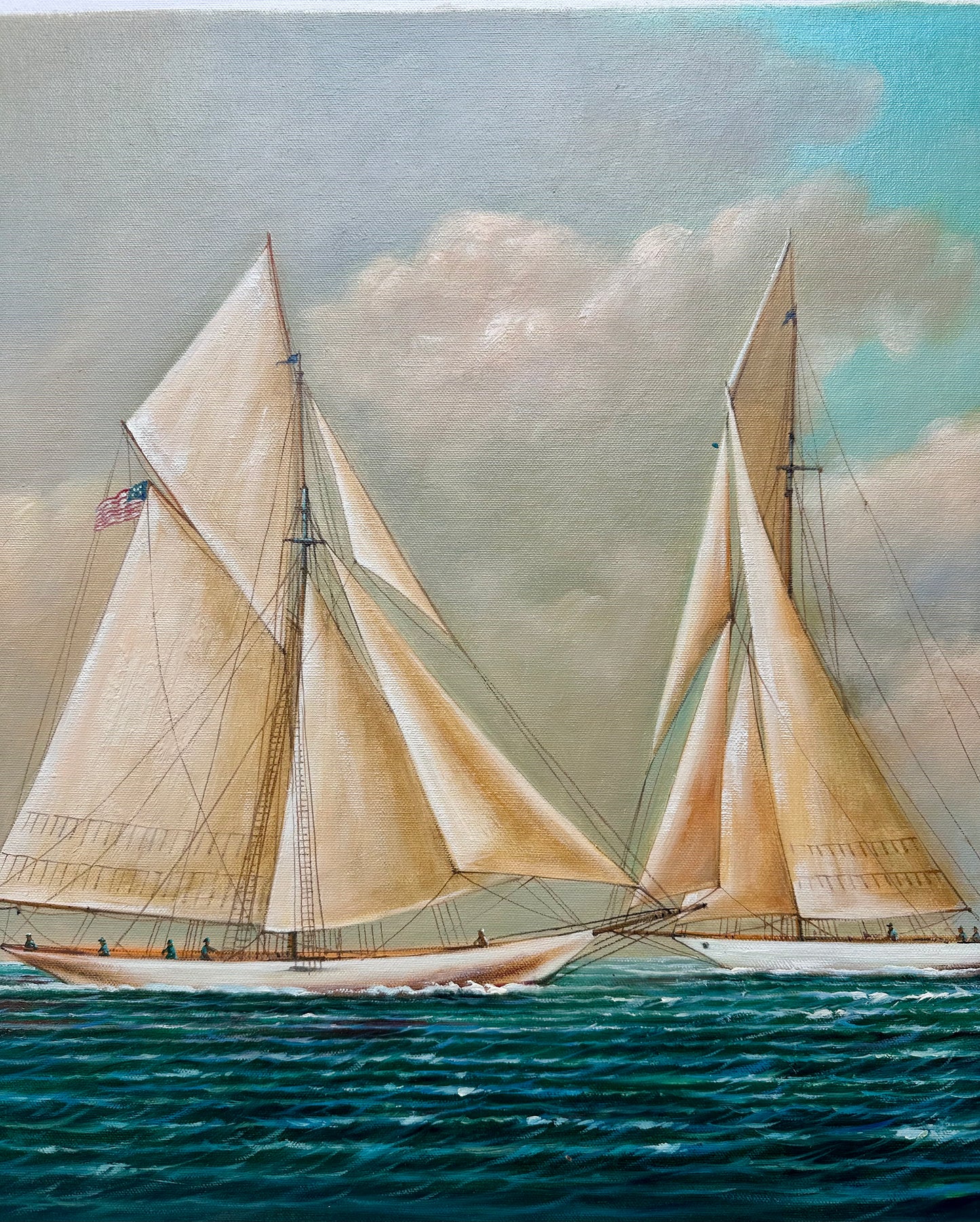 Schooner Yacht Racing Sailing Seascape Oil Painting on Canvas, Unstretched, by D. Tayler