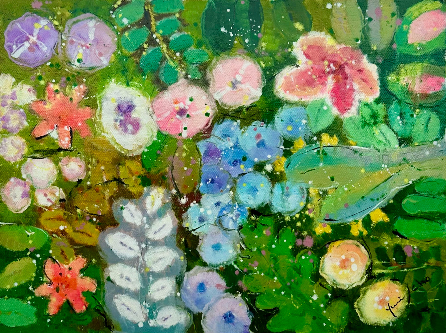 Vibrant Abstract Floral Painting on Canvas, Unstretched, by Youn Cho