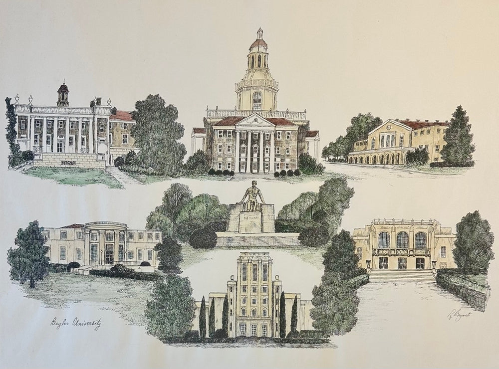 Baylor University (Texas) Campus Print by Liz Bryant – Hand-Colored Architectural Illustration, 24” X 18”
