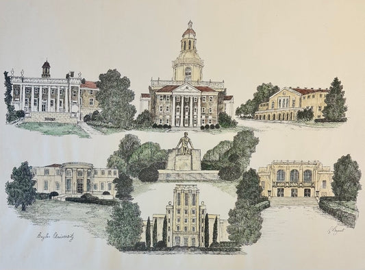 Baylor University (Texas) Campus Print by Liz Bryant – Hand-Colored Architectural Illustration, 24” X 18”