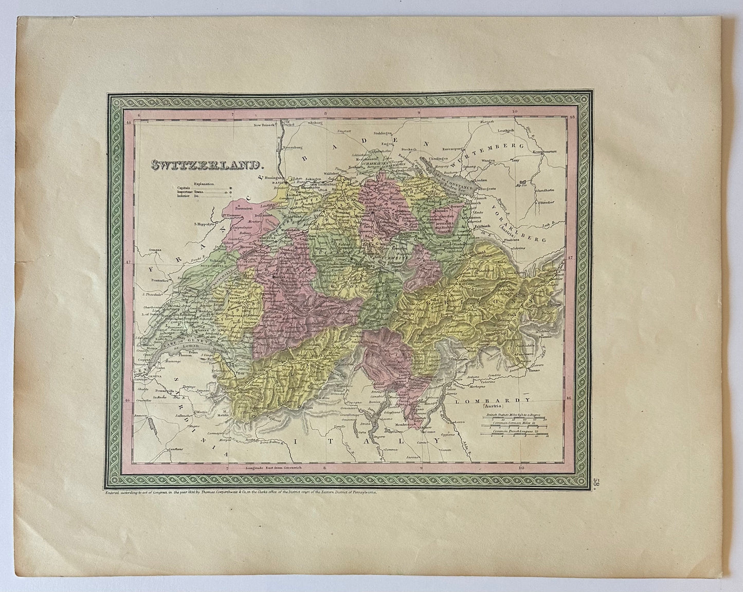 Switzerland Original Map by Mitchell, 1846