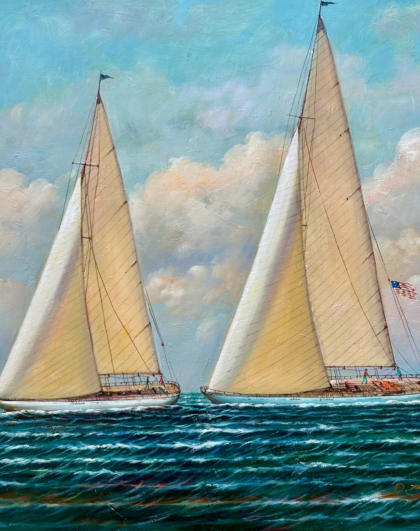 Yacht Racing Sailing Seascape Oil Painting on Canvas, Unstretched, by D. Tayler
