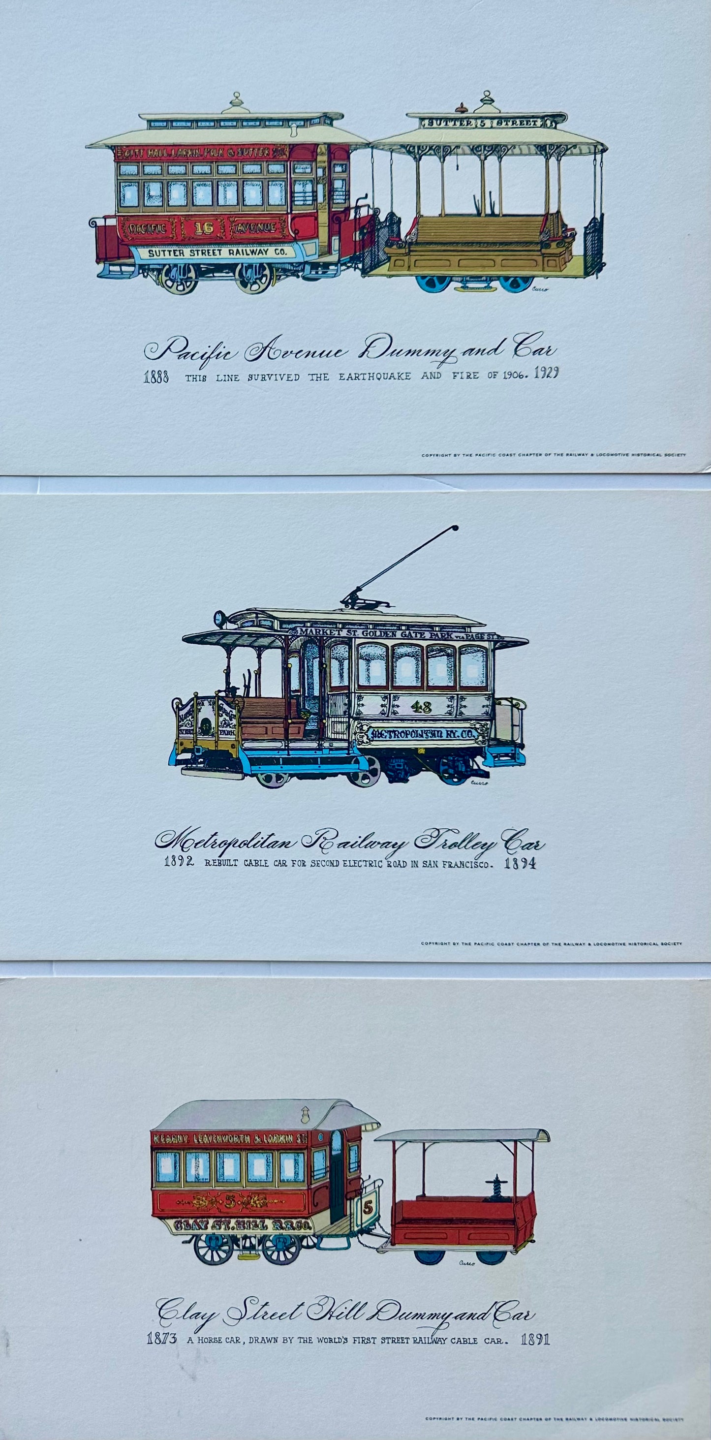 Set of 10 Vintage San Francisco Cable Car & Streetcar Lithograph Prints — Railway & Locomotive Historical Society