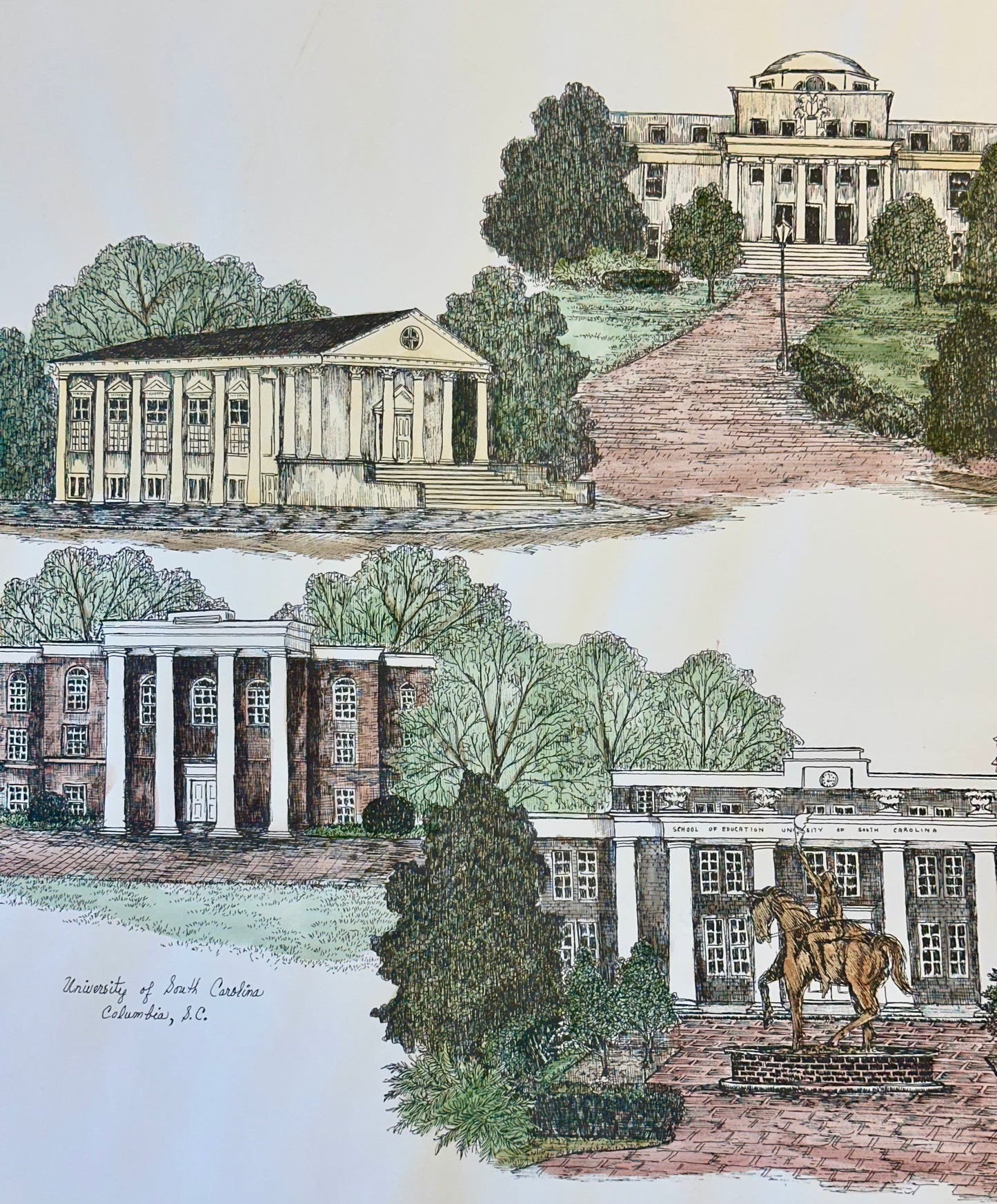 Uofsc Graphics University of South Carolina Campus Print by Liz Bryant – Hand-Colored ...