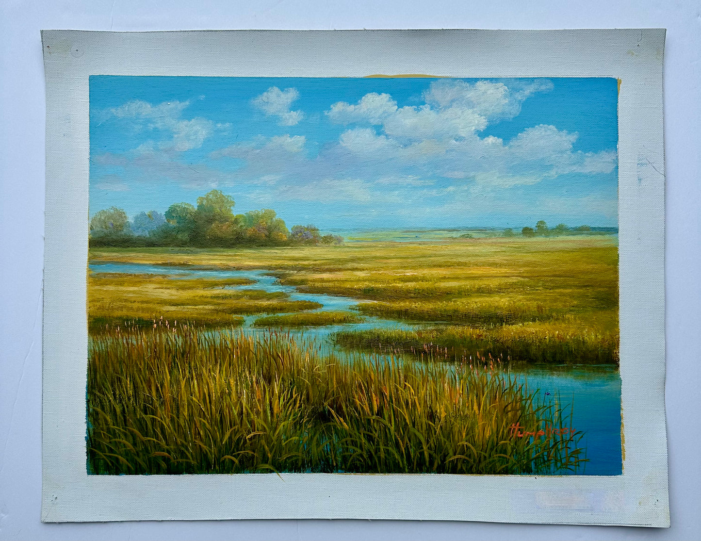 Coastal Winding Blue Marsh Golden Landscape Oil Painting on Canvas, Unstretched, by Humprey