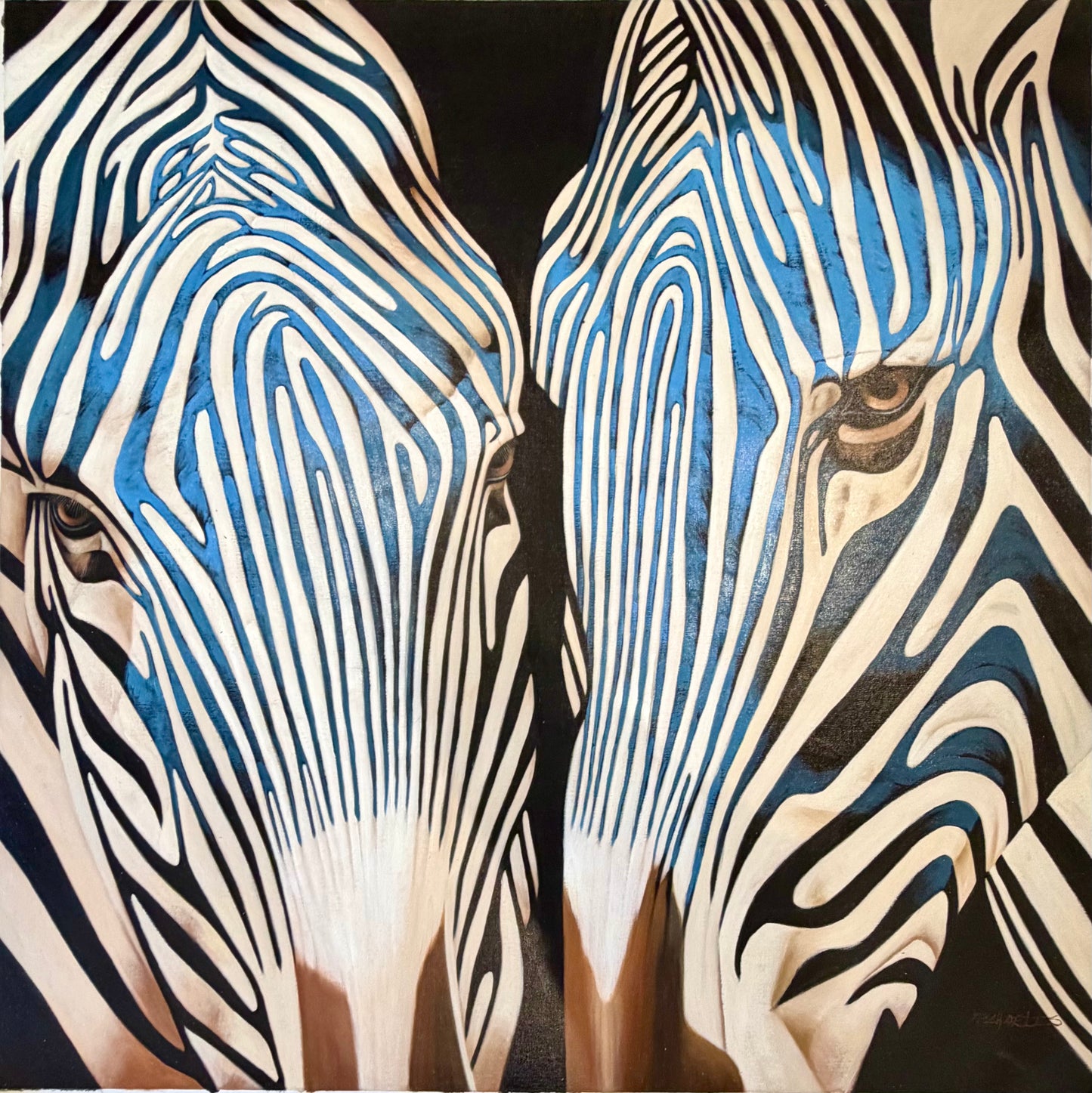 Contemporary Blue Zebra Double Portrait Painting – Original Oil by P. Charles on Unstretched Canvas, 40" x 40"