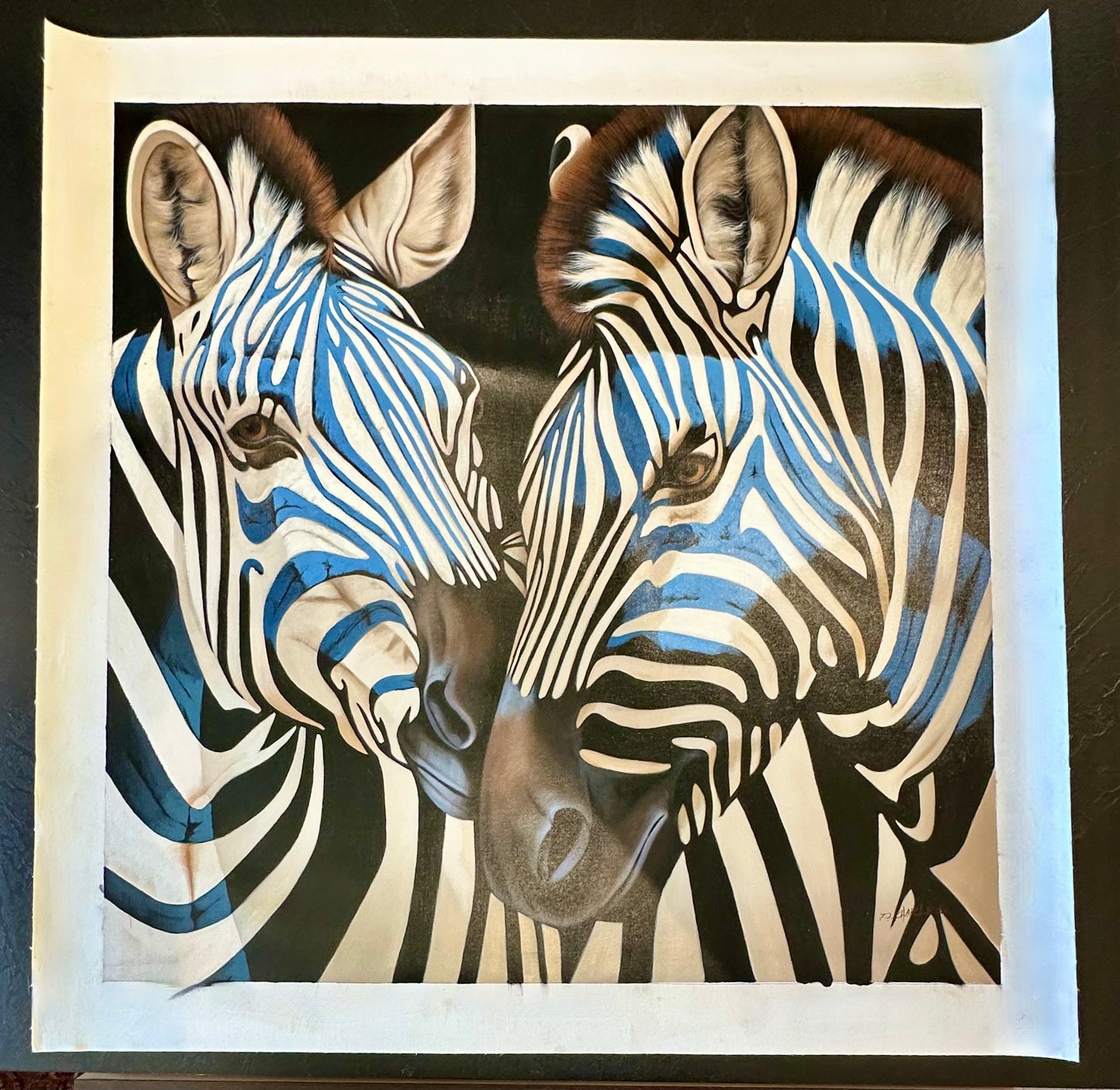 Contemporary Zebra Original Painting in Blue and Black – by P Charles, 36 x 36", Unstretched