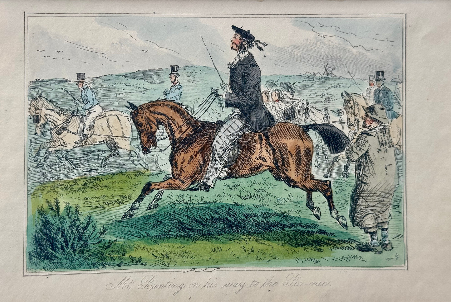 19th Century Hand-Colored English Equestrian Hunting Scene Engraving – “Mr. Bunting on his way to the…” (Fox Hunt Print)