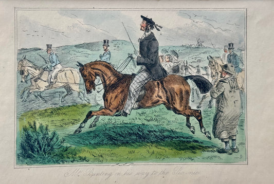 19th Century Hand-Colored English Equestrian Hunting Scene Engraving – “Mr. Bunting on his way to the…” (Fox Hunt Print)