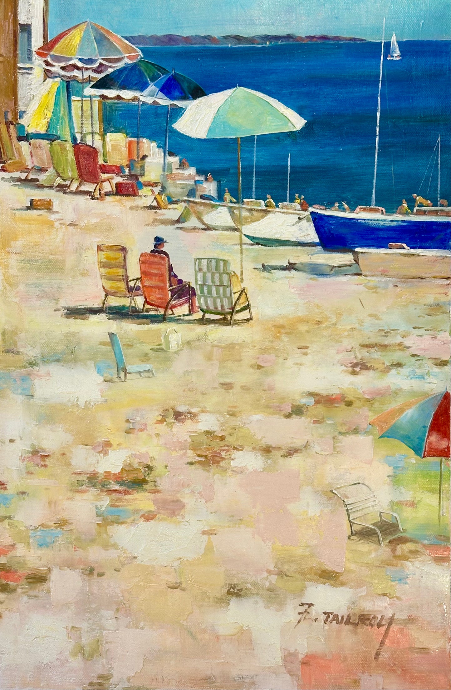 Coastal Beach Scene with Umbrellas Boats – Original vertical painting by Tailroy, unstretched (12.5" x 25")