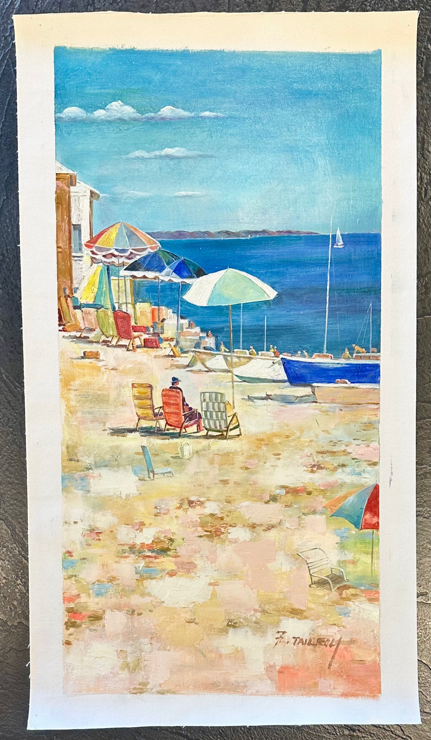 Coastal Beach Scene with Umbrellas Boats – Original vertical painting by Tailroy, unstretched (12.5" x 25")