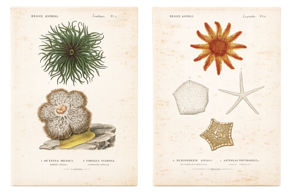 Anemone & Starfish, Original Prints by George Cuvier, 1836 (Set of 2)