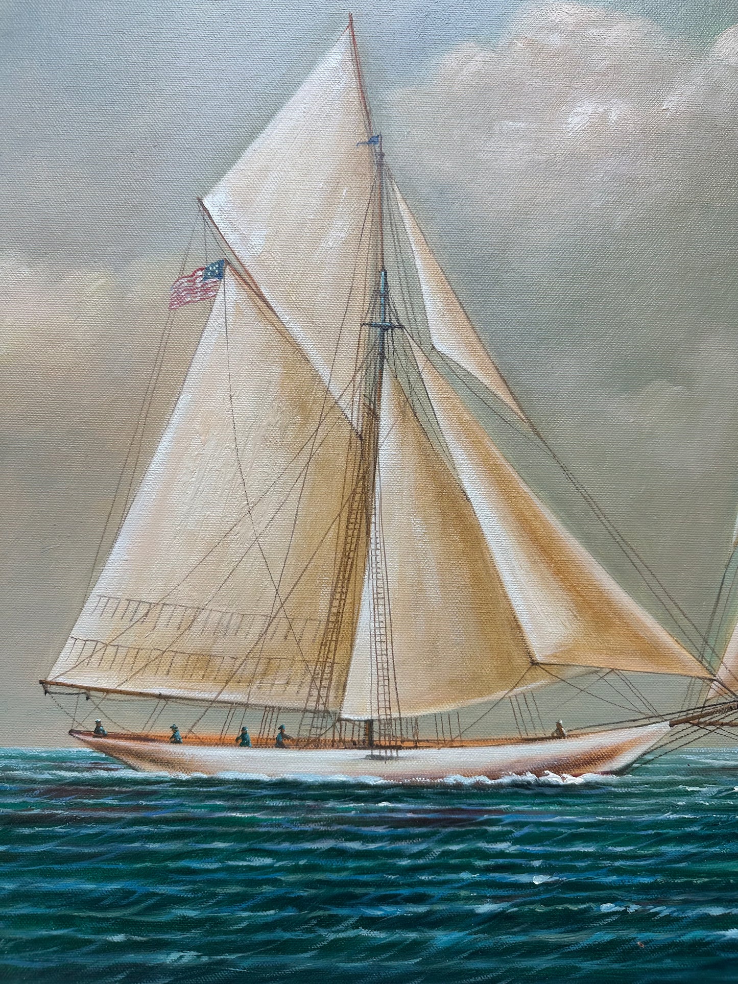 Schooner Yacht Racing Sailing Seascape Oil Painting on Canvas, Unstretched, by D. Tayler