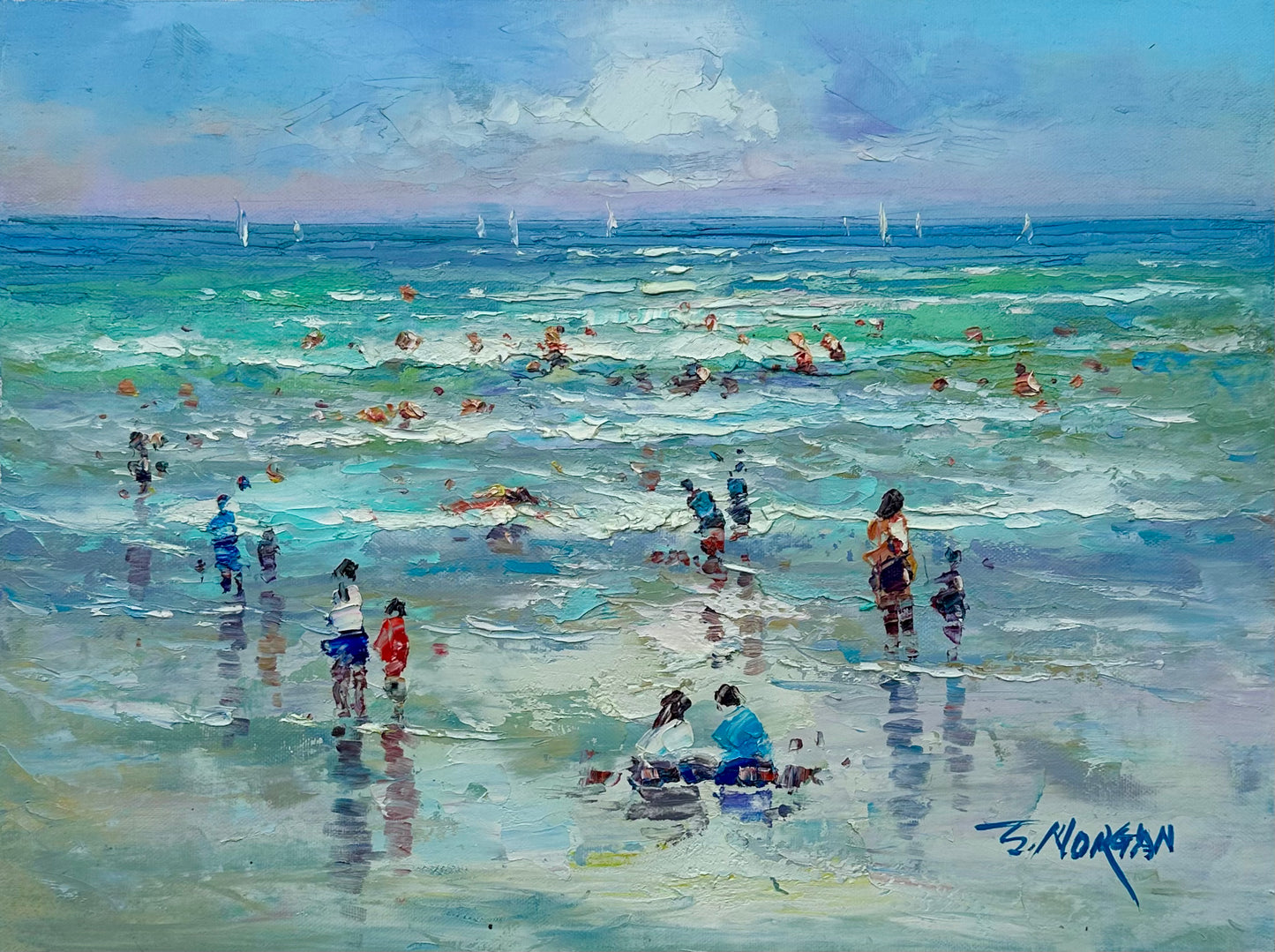 Modern Coastal Beach Seascape Sunset Oil Painting on Canvas, Unstretched, by J. Morgan