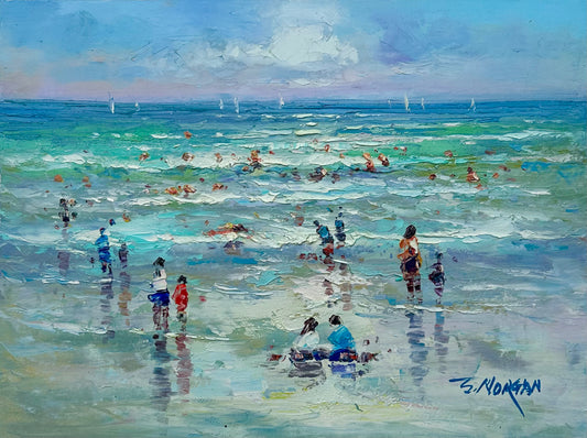 Modern Coastal Beach Seascape Sunset Oil Painting on Canvas, Unstretched, by J. Morgan