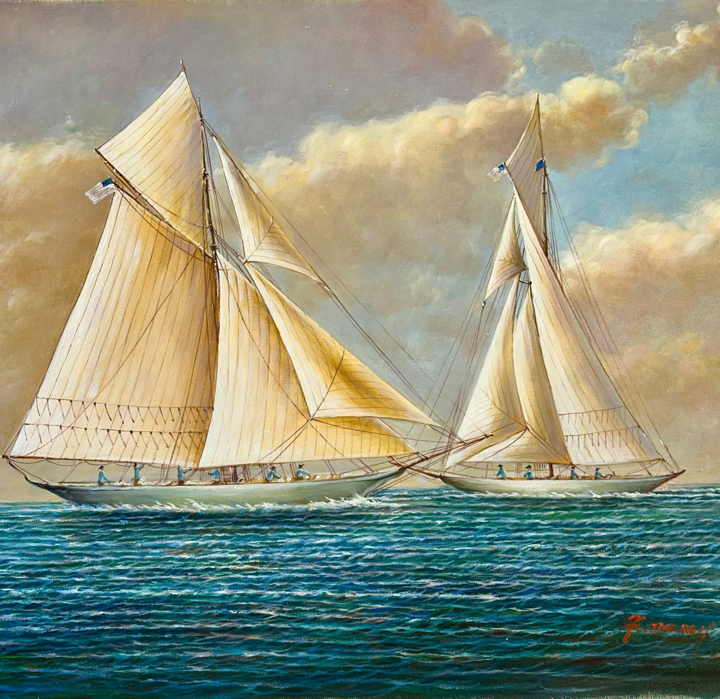 Original Nautical Oil Painting of Racing Schooners by F. Tailroy – Yacht Seascape – 20" x 24" Unstretched Canvas