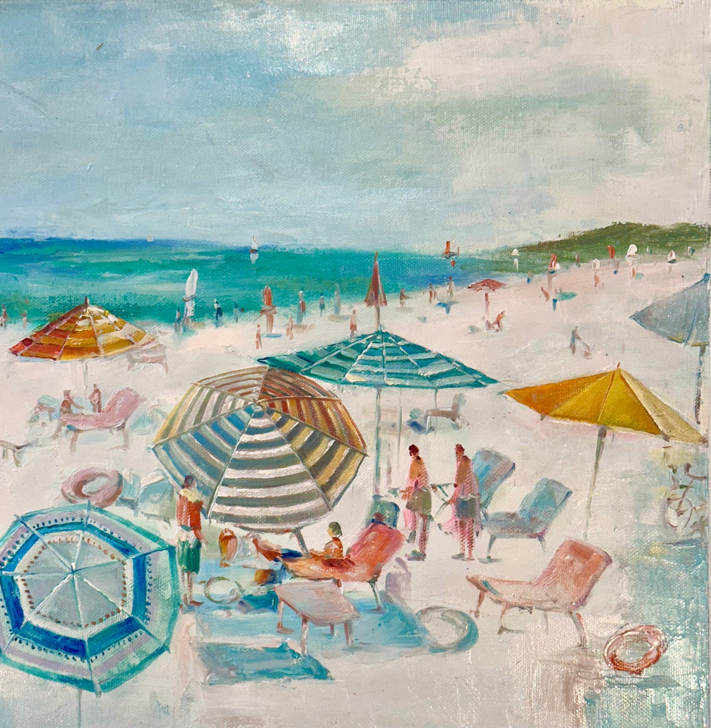 Original Beach Seascape Oil Painting – Colorful Umbrellas Coastal by Tailroy – 12" x 16"