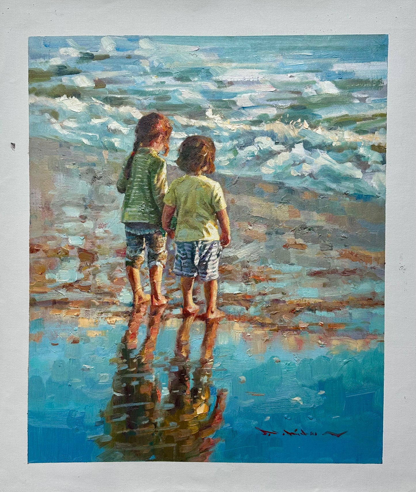 Children at the Seashore" Original Oil Painting - Contemporary Impressionist Beach Scene, unstretched