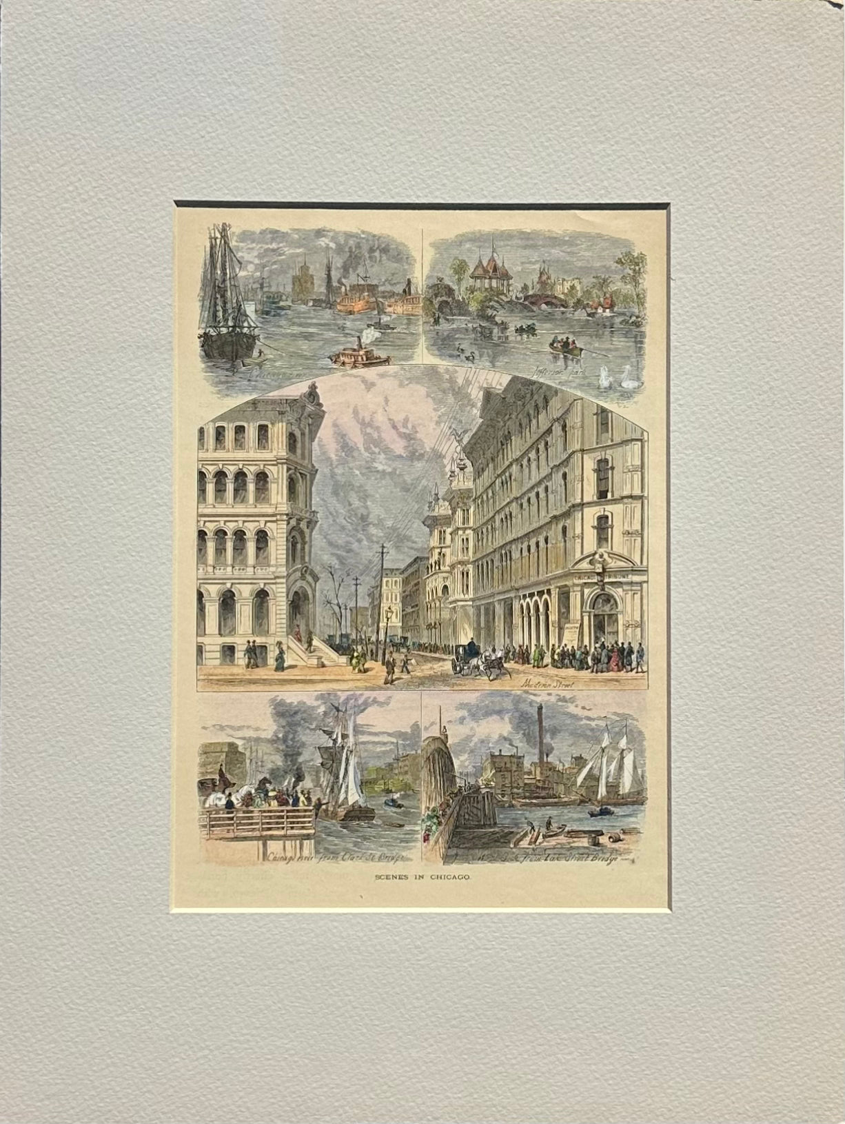 Scenes of Chicago (Madison Street, and the Clark Street/Lake Street bridge), Original Print, 1874