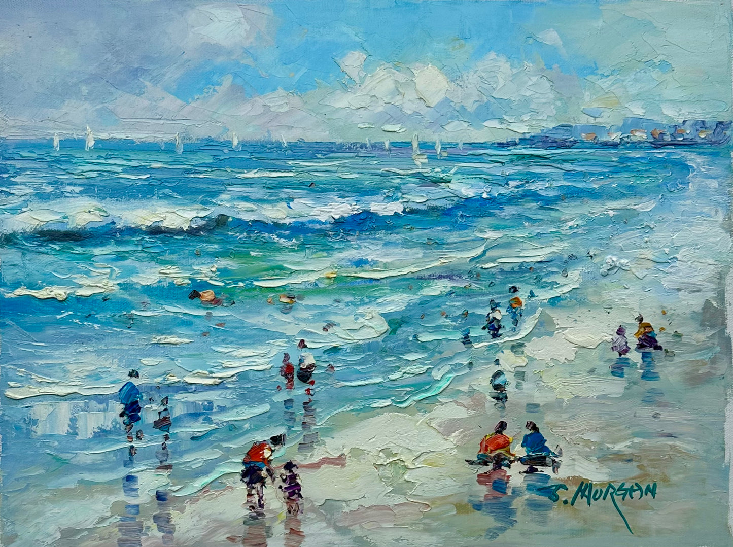 Contemporary Coastal Beach Seascape Oil Painting on Canvas, Unstretched, by J. Morgan
