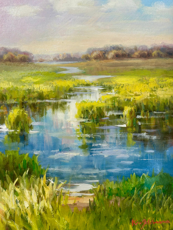 Marsh Coastal Landscape Oil Painting on Canvas by K. Hanna – 12" x 16"
