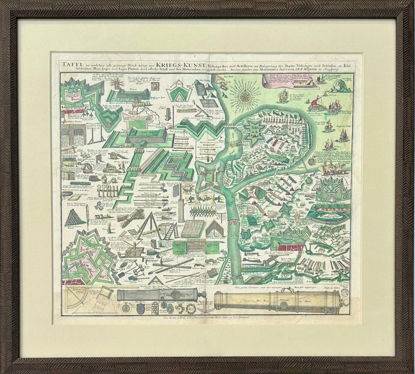 Seutter’s Art of War Chart of Weapons & Military Defense, 1720