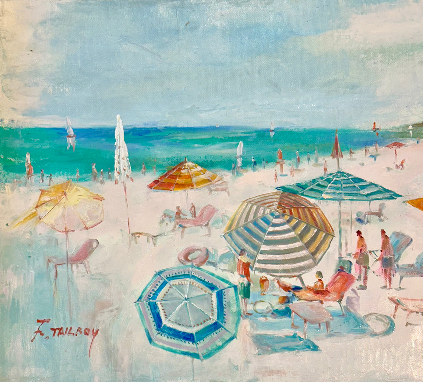 Original Beach Seascape Oil Painting – Colorful Umbrellas Coastal by Tailroy – 12" x 16"