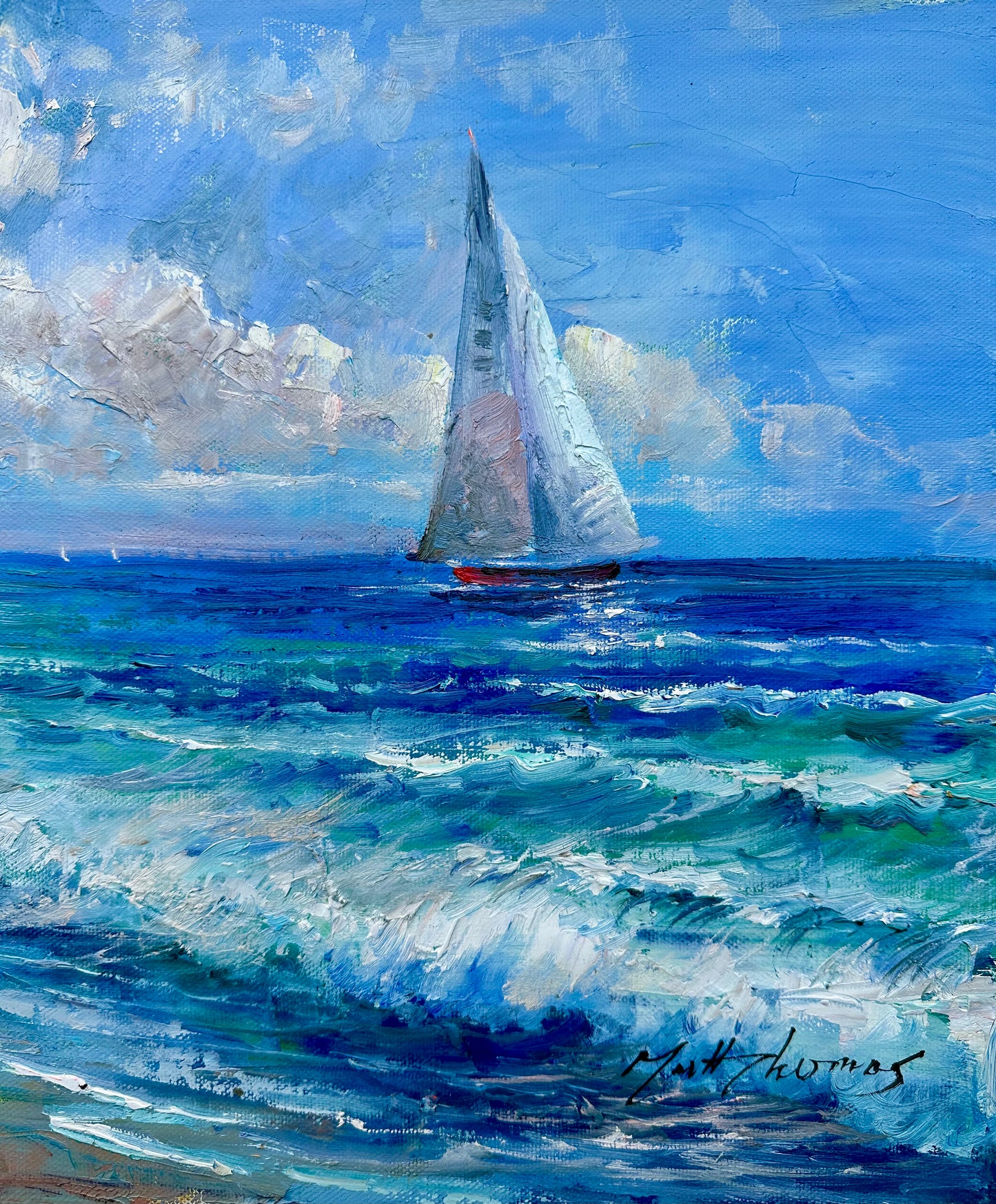 Sailboat Seascape Beach Scene Oil Painting on Canvas, Unstretched, by Matt Thomas