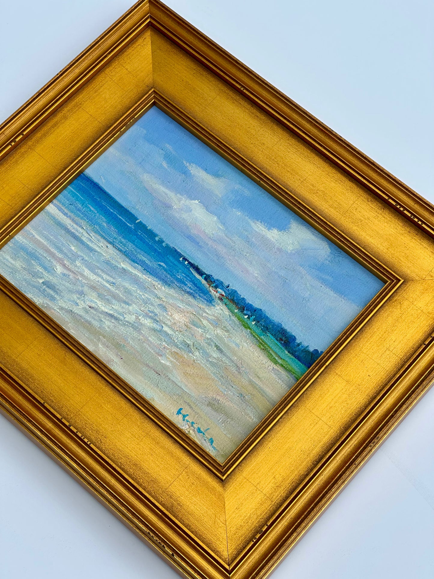 Coastal Sandy Beach & Blue Skies Seascape Oil Painting Including an Antiqued Gold Wood Frame