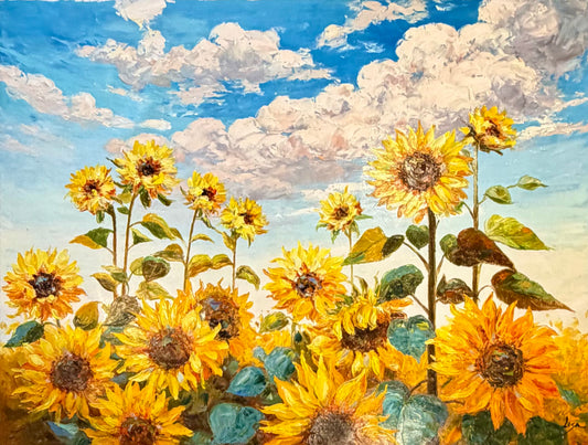 Sunflower Field Under Blue Skies — Original Oil Painting, Unstretched, 30" × 40"