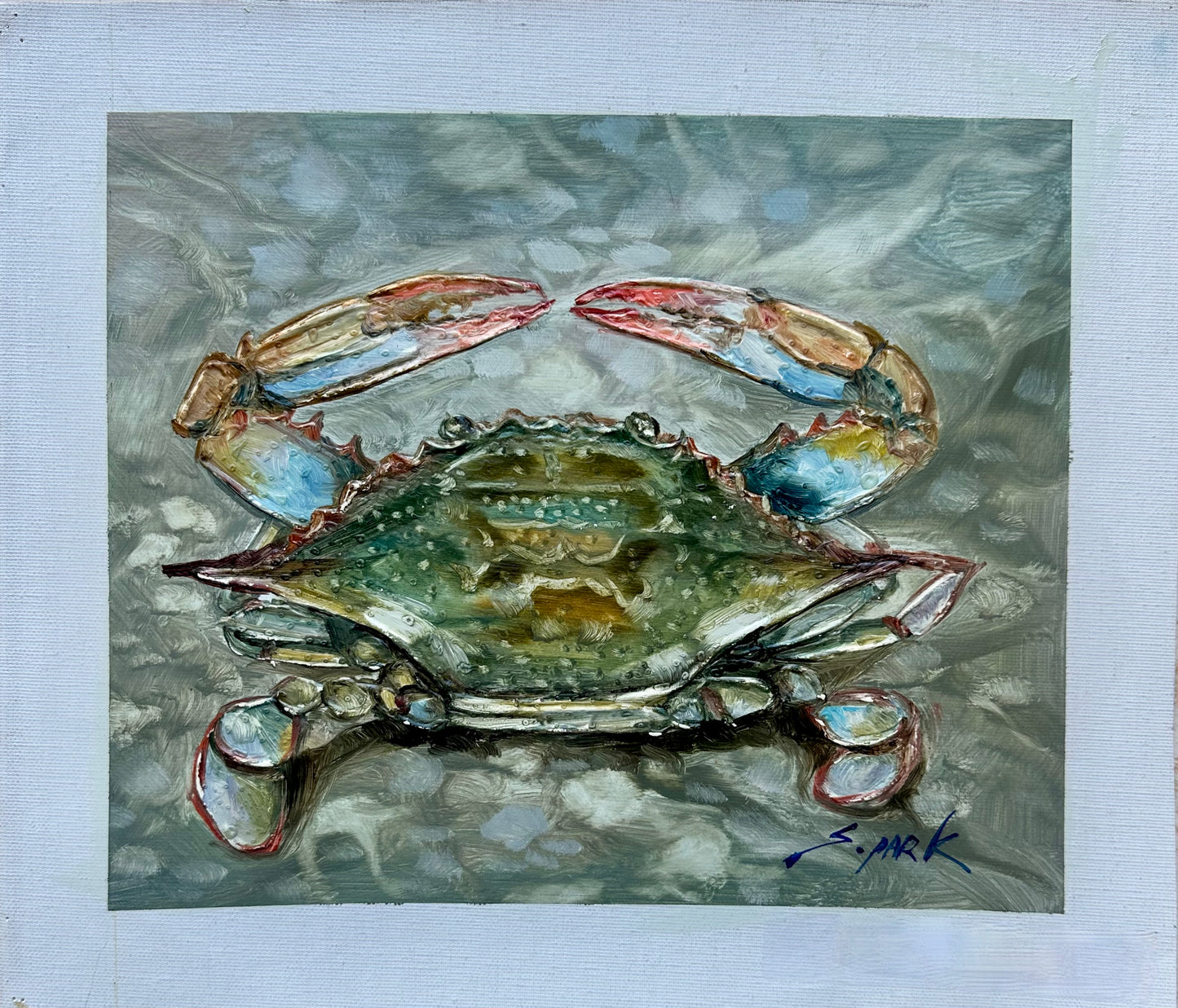 Blue Crab Painting – Textured Coastal Still Life, unstretched, by S. Park