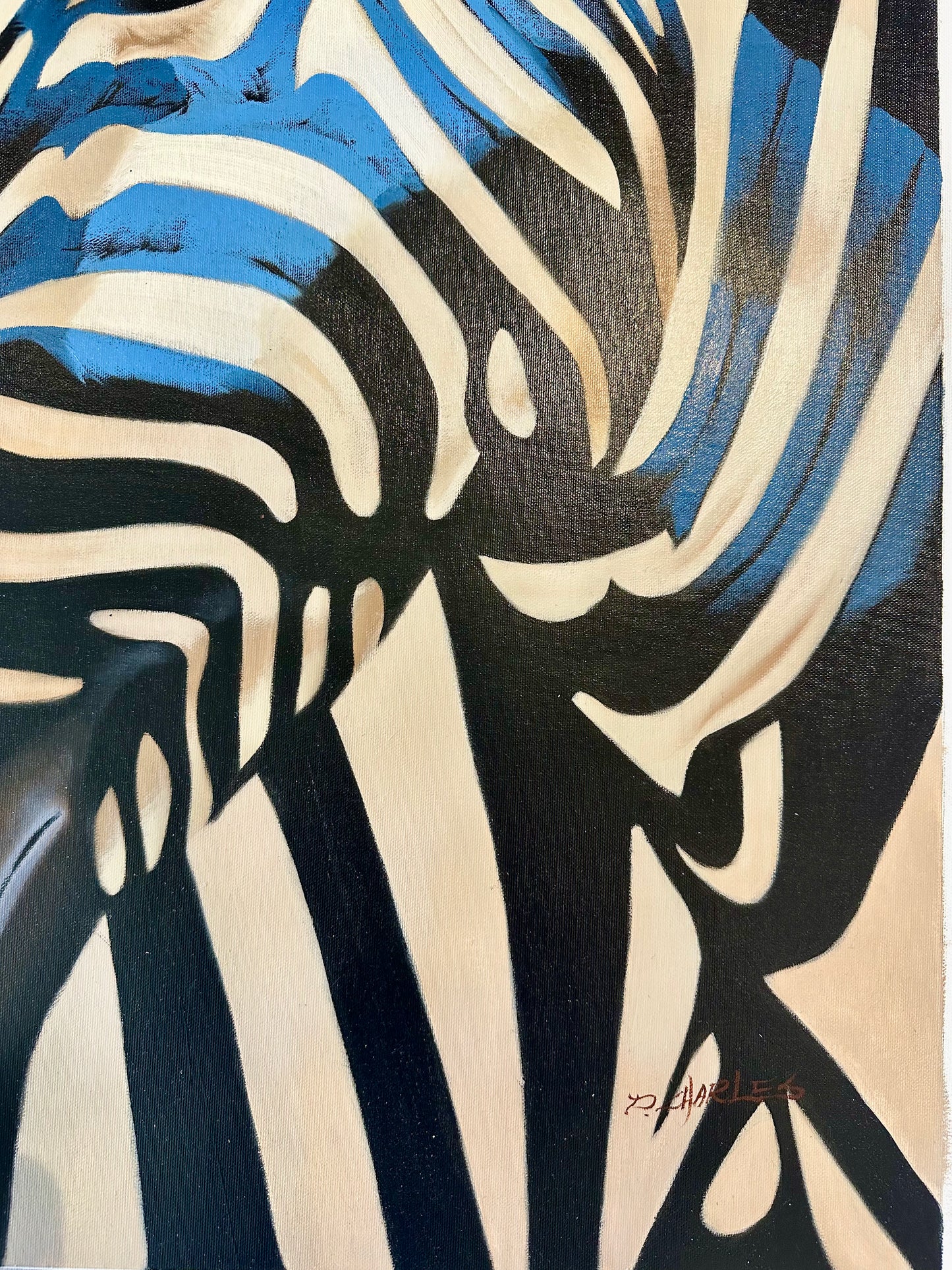Contemporary Zebra Original Painting in Blue and Black – by P Charles, 36 x 36", Unstretched