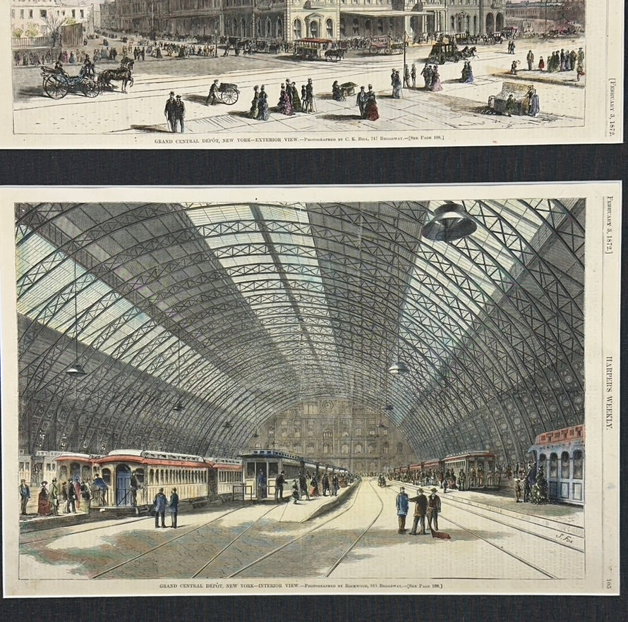 Grand Central Station New York City Pair of Prints (Interior & Exterior Views), 1872
