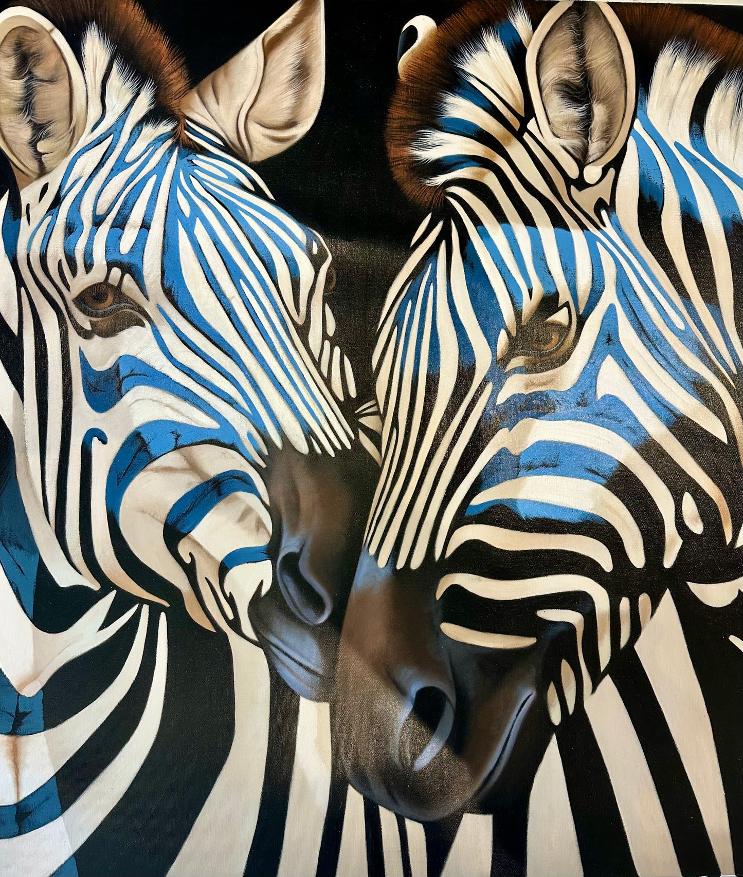 Contemporary Zebra Original Painting in Blue and Black – by P Charles, 36 x 36", Unstretched