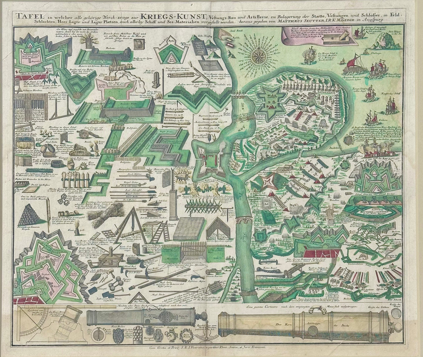 Seutter’s Art of War Chart of Weapons & Military Defense, 1720