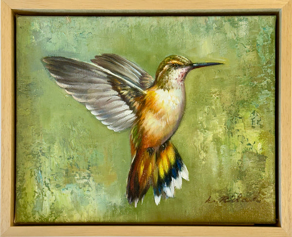 Rufous Hummingbird in flight, original oil on canvas by L. Ricard (Framed)