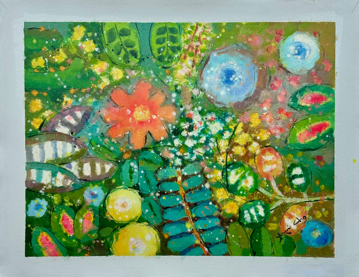 Vibrant Abstract Floral Painting on Canvas, Unstretched, by Youn Cho