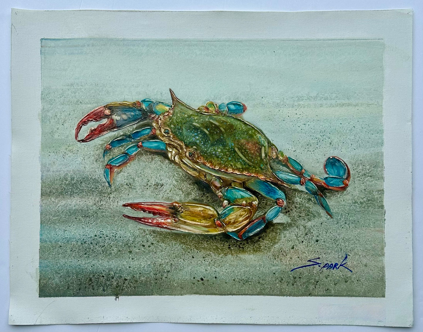 Blue Crab Coastal Oil Painting on Canvas, Unstretched, by S. Park