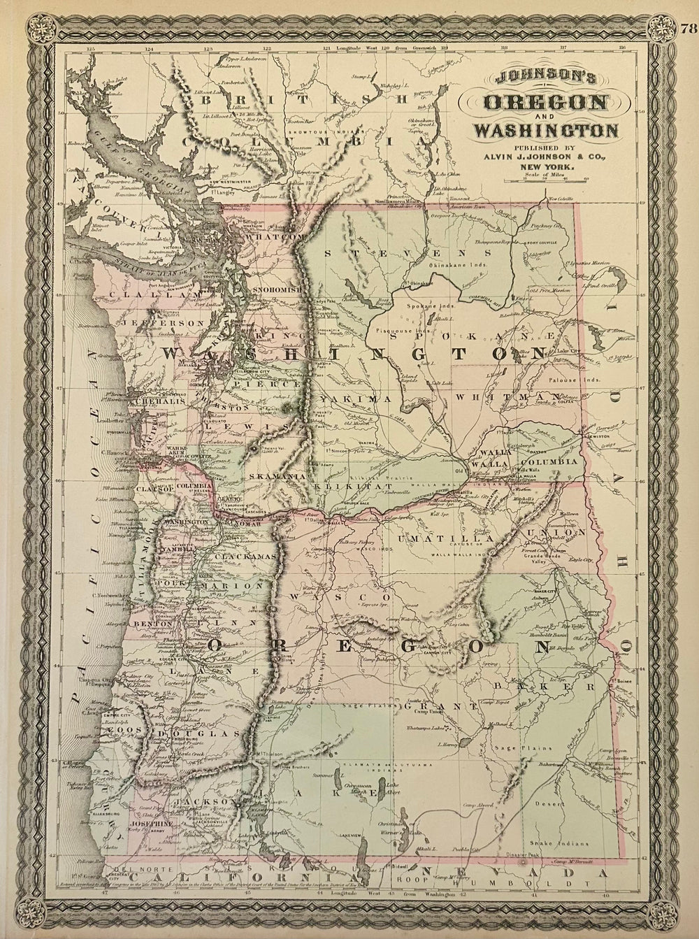 Oregon and Washington Original Map by Johnson, 1870