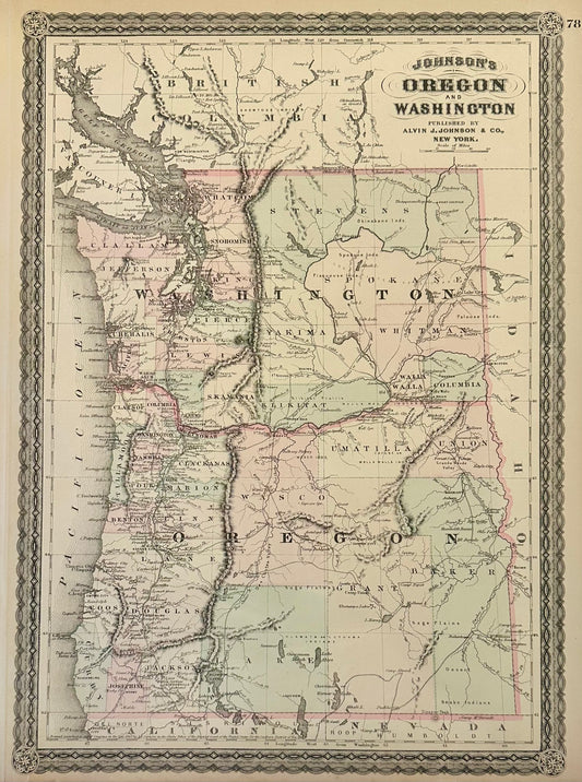 Oregon and Washington Original Map by Johnson, 1870