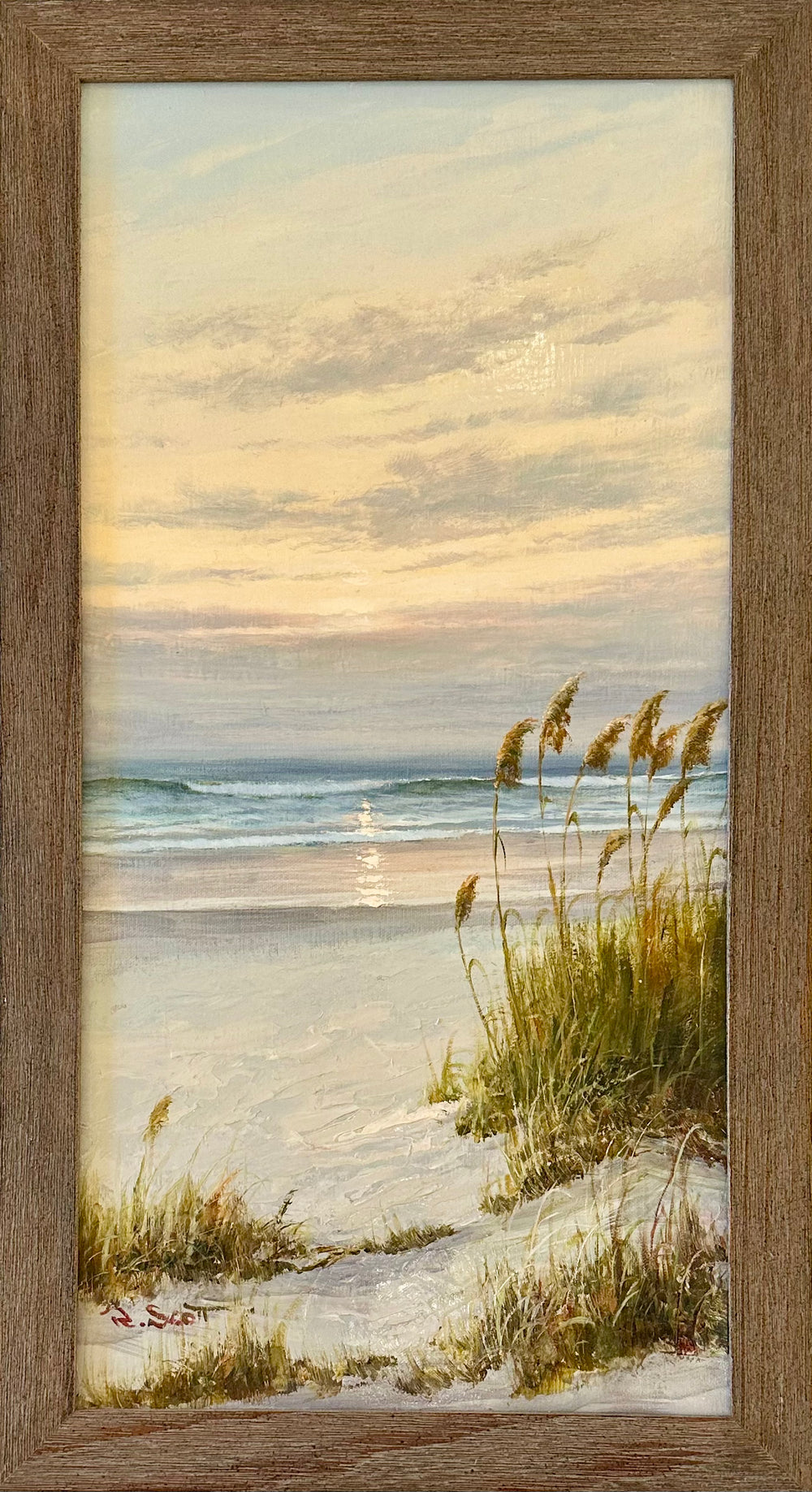 Coastal Beach Dune Sunset Oil Painting by R. Scott (framed)
